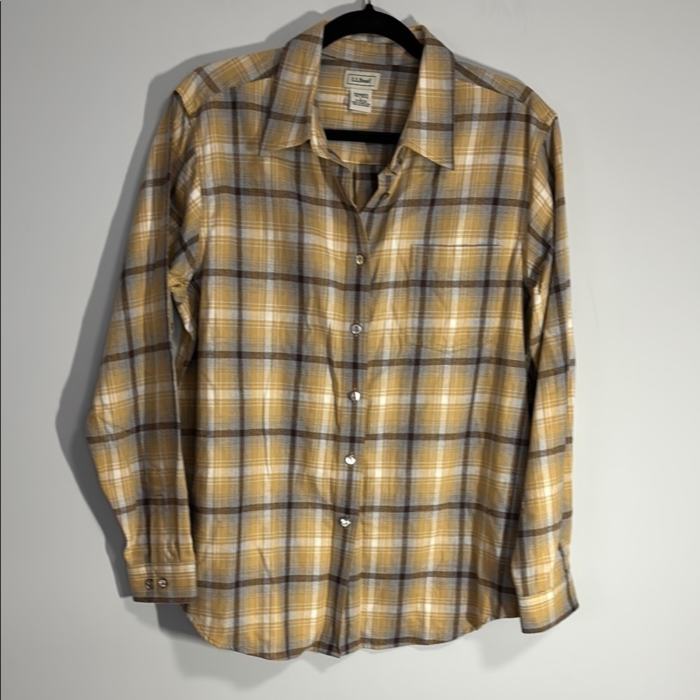 LL Bean Long Sleeve Flannel Blouse Large Mustard Plaid Pattern
